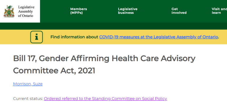 Ontario Bill 17 – Gender Affirming Health Care Advisory Committee Act