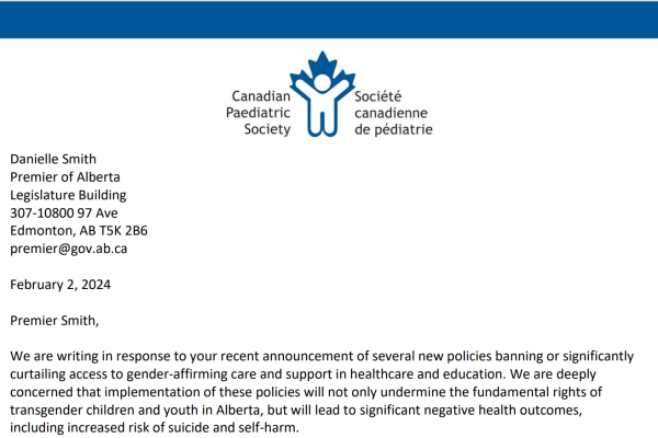 Letter to the Canadian Pediatric Society and the Alberta Medical Association